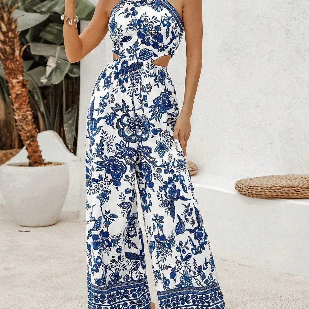 Blue White Boho Womens Floral Print Boho Womens Floral Print Halterneck Jumpsuit - Picture 4 of 5